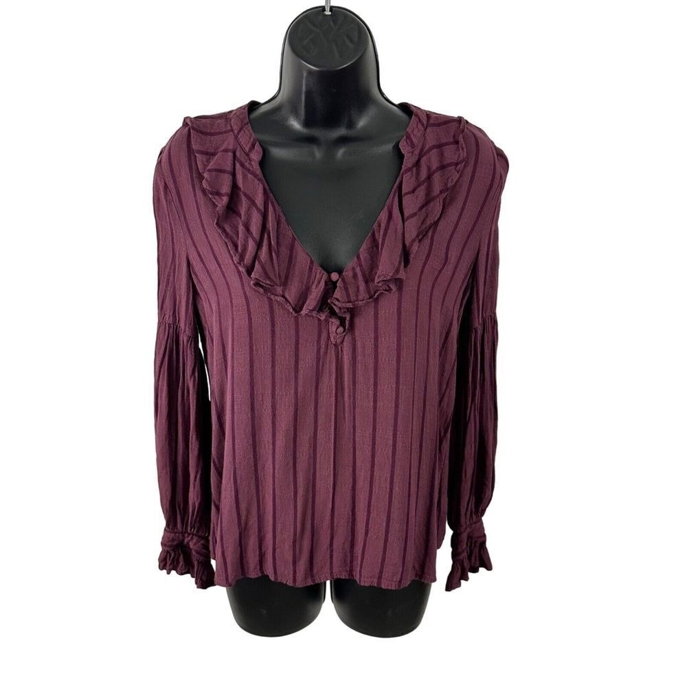 Paige Russo Ruffle Striped Boho Peasant Blouse Top Mauve Wine Extra Small